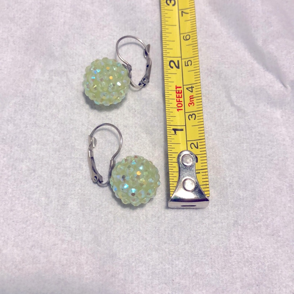 Iridescent green bobble dangle earrings